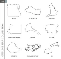 Outline maps collection, nine black lined vector map
