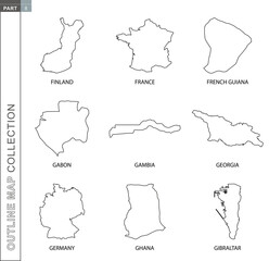 Outline maps collection, nine black lined vector map