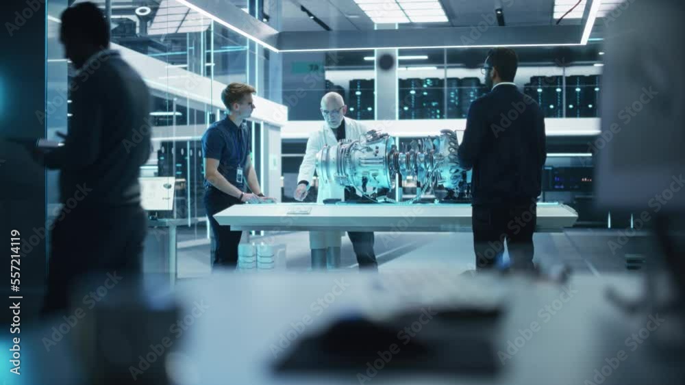 Poster Team of Engineers, Senior Project Manager and Machinery Operators Collaborate on a New Type of a Turbine Engine, Standing with Tablet and Laptop Computers in Scientific Technology Lab.