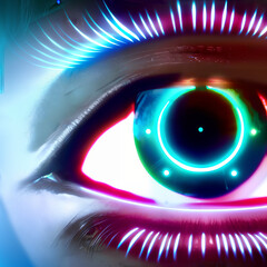 Stylized eye with digital highlights and glowing lines, artificial intelligence eye, digital eye concept