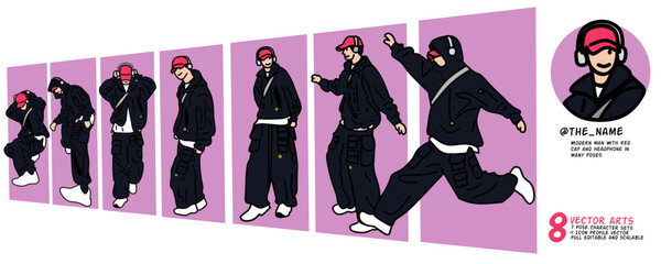 set of dancing man with headphone and red hat