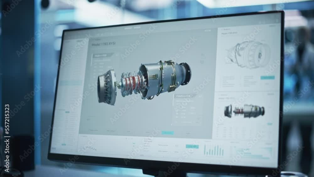 Poster Close Up of a Computer Monitor Display with 3D CAD Software with Prototype Turbine Motor Project. Interface with Vital Setting and Programming Options for the Industrial Engine Prototype.