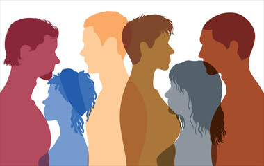 Working together as a team or in a community. Diversity among people and a multiracial society. Various people's faces abstracted in profile. 