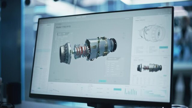 Close Up of a Computer Monitor Display with 3D CAD Software with Prototype Turbine Motor Project. Interface with Vital Setting and Programming Options for the Industrial Engine Prototype.