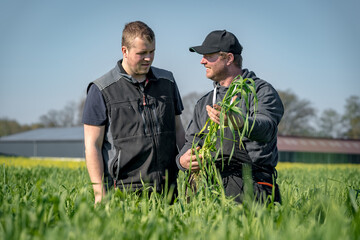 Landwirt steht mit seinem Sohn auf einem Feld mit Schnittroggen und betrachtet eine...