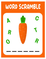 Carrot Word scramble . Educational game for kids. English language spelling worksheet for preschool children