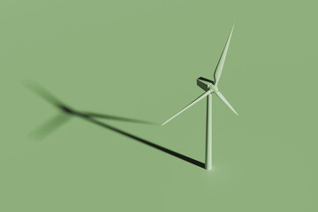 Wind turbine generator in plain monochrome pastel green color with a long shadow. Light background with copy space. Illustration of the concept of renewable energy and for web page and presentation