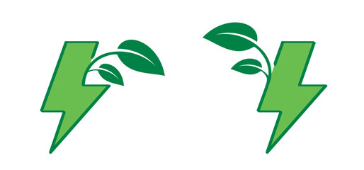 Obraz premium Cartoon green bio or eco power icon or symbol. Natural energy saving leaves and electric plugs. Electrical cable plug with leaf. Ecology concept. Drawing voltage, ecology.