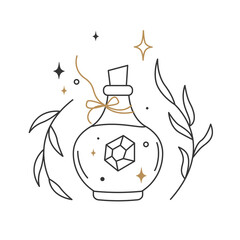 A bottle of magic elixir. Boho potion.
Vector illustration isolated on white background for natural cosmetics, medicinal herbs, homeopathy, essential oils, aromatherapy