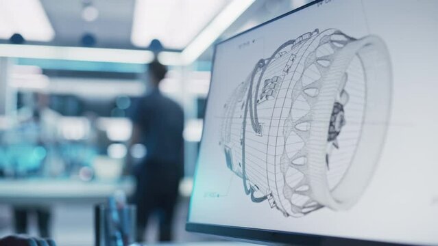 Close Up of a Desktop Computer Monitor Screen with 3D CAD Software with Prototype Jet Engine Project. Two Specialists Discussing Work, Their Hands Visible In Front of the Screen.
