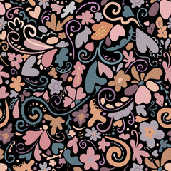 Floral pattern on a black background. Pink, brown, yellow elements. Seamless vector image.