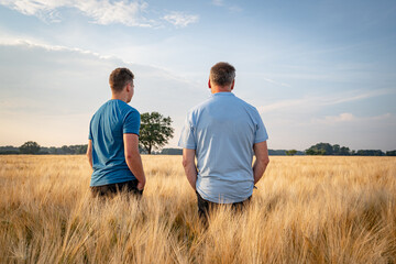 Zwei Landwirte stehen mit den Rücken zur Kamera in einem reifen Getreidefeld.