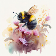 Fototapeta na wymiar Bee collects nyctar on clover flowers. Watercolor
