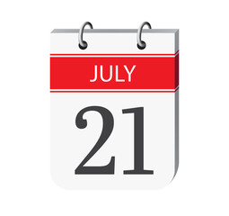 21 july calendar page vector. 3d one day calendar date appointment, deadline, event reminder illustration. Abstract three dimensional daily date calendar.

