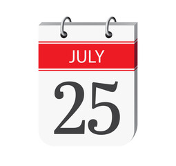 Fototapeta premium 25 july calendar page vector. 3d one day calendar date appointment, deadline, event reminder illustration. Abstract three dimensional daily date calendar. 