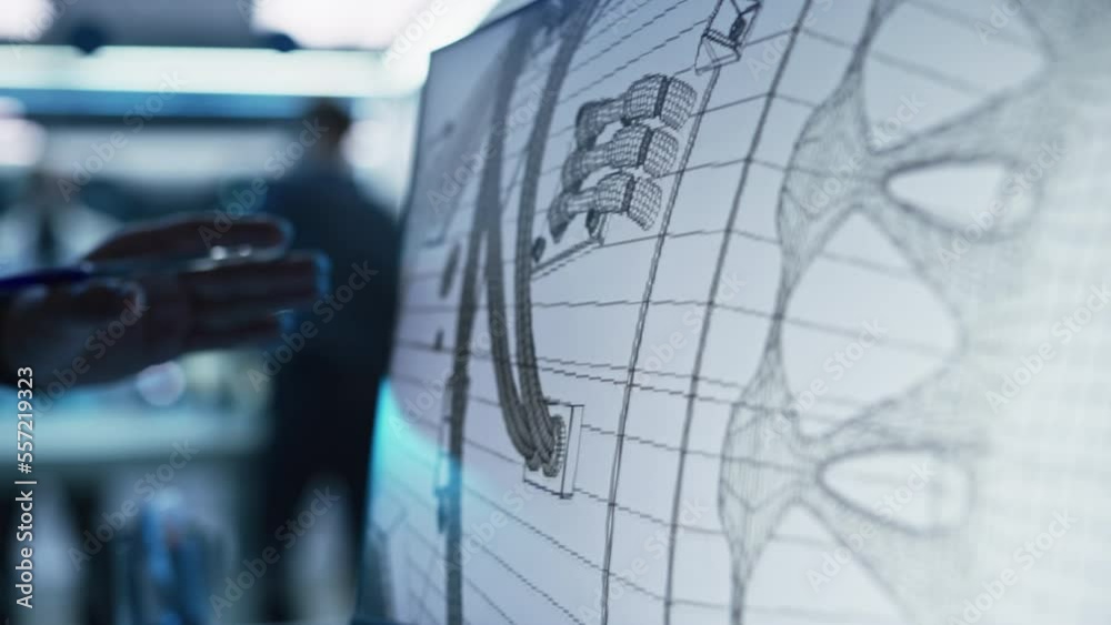 Poster Close Up of a Computer Monitor Screen with 3D CAD Software with Prototype Jet Engine Project. Two Professional Industrial Designers Discussing Work, Their Hands Visible In Front of the Screen.