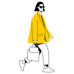 vector flat design trendy linear illustration beautiful stylish woman in jacket walking. street style, fashion. useful for web, graphic design, print, clothing stores, postcard, poster. 2d people.