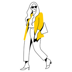 vector flat design trendy linear illustration beautiful stylish woman in jacket walking. street style, fashion. useful for web, graphic design, print, clothing stores, postcard, poster. 2d people.