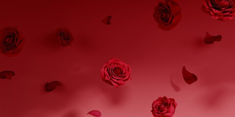 3D red background and roses flowers.  Abstract minimal banner 3D rendering for valentines day and womens day.