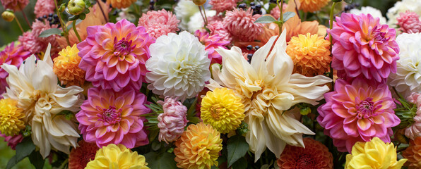 Kompozycja kwiatowa z kwiatów dalii, astrów i hortenji w ogrodzie, bukiet kwiatów, bouquet of dahlia flowers