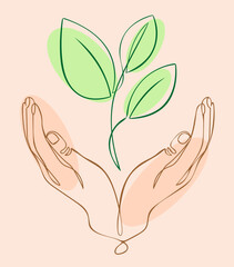 Hands protect the sprout of the plant. Vector image on the topic of ecology and nature conservation. Minimalist hand drawn illustration in simple one line style