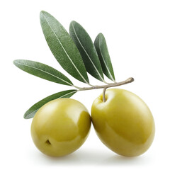 Delicious green olives with leaves, isolated on white background