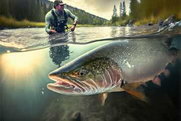 Underwater shot of a beautiful salmon and fisherman in a shallow mountain river - Generative AI