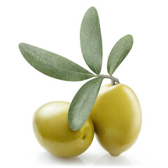 Delicious green olives with leaves, isolated on white background