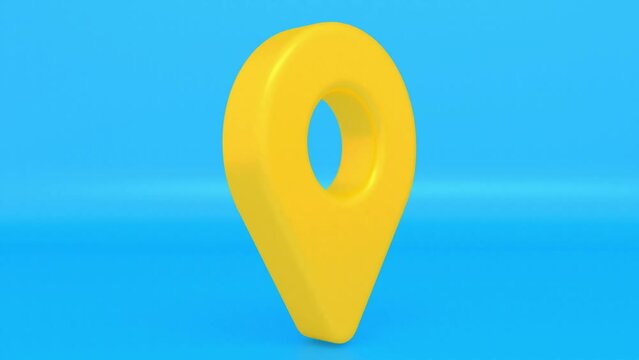 Shiny modern yellow spinning map pointer. 3D rendering locator pin. Location symbol on blue background. Web location rotation point 4K animation.
