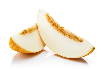 Delicious cut melon fruit, isolated on white background
