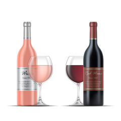 Rose Wine and Red Wine Glasses and Wine Bottles