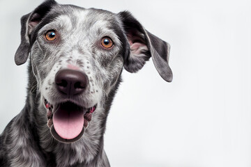 Close up portrait cute funny gray dog smiling on isolated white background. A beautiful dog photo...