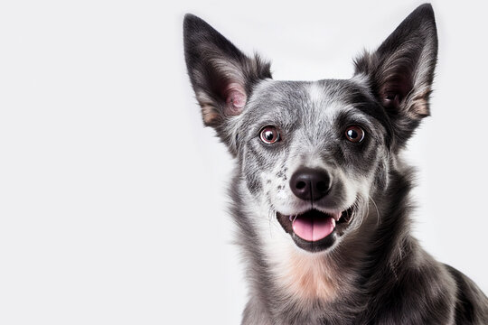 Close up portrait cute funny gray dog smiling on isolated white background. A beautiful dog photo for advertises.