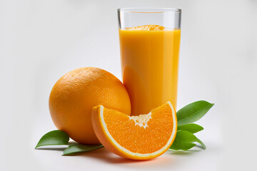 Close up glass of 100% orange juice with delicious oranges and slices fruits on white background isolated. C vitamin. Clipping path. Full depth of field.
