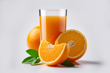 Close up glass of 100% orange juice with delicious oranges and slices fruits on white background isolated. C vitamin. Clipping path. Full depth of field.