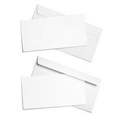 Set of white envelopes with blank paper sheets, isolated on white background