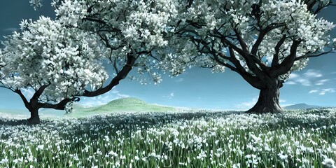 spring in the park White tree in sun shine