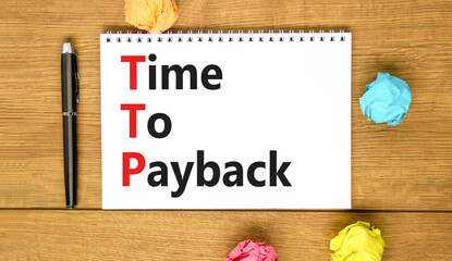 TTP time to payback symbol. Concept words TTP time to payback on white note on a beautiful wooden background. Business TTP time to payback concept. Copy space.