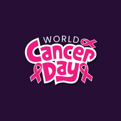 World Cancer Day Lettering and Typography Vector Illustration with Pink Color Ribbon. Cancer Awareness Poster Banner Template Background Design
