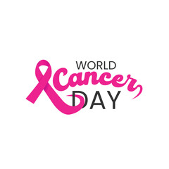 World Cancer Day Lettering and Typography Vector Illustration with Pink Color Ribbon. Cancer Awareness Poster Banner Template Background Design