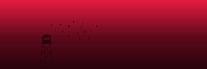 silhouette of watch tower at sunset vector flat design good for wallpaper, banner, background, design template and backdrop design	