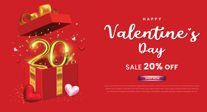 Valentine's day sale 20 percent off promotion or shopping template with a gift box and 3d number