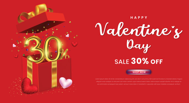 Valentine's day sale 30 percent off promotion or shopping template with a gift box and 3d number