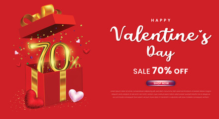 Valentine's day sale 70 percent off promotion or shopping template with a gift box and 3d number