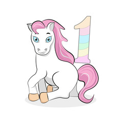 White pony with blue eyes and pink mane with multi-colored number 1. Decor for an invitation to a birthday party 1 year