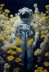 Fantasy Astronaut in Space Garden Full of Flowers. Generative ai