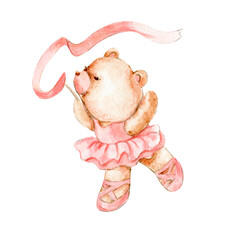 Watercolor hand drawn of brown bear ballerina in pink dress. Cute dancing mice, watercolor illustration, animal with cartoon character. Perfect for greeting card, print design, wedding invitation.