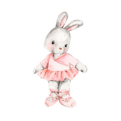 Watercolor hand drawn of gray mouse ballerina in pink dress. Cute dancing mice, watercolor illustration, animal with cartoon character. Perfect for greeting card, print design, wedding invitation.