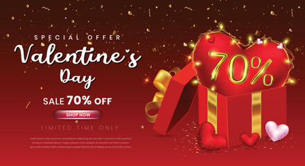 Valentine's day 70 percent off selling template with a gift box and 3d number
