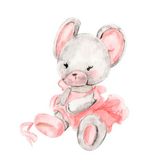 Watercolor hand drawn of gray mouse ballerina in pink dress. Cute dancing mice, watercolor illustration, animal with cartoon character. Perfect for greeting card, print design, wedding invitation.